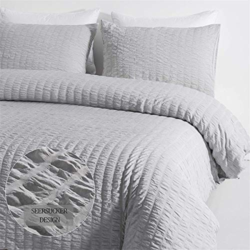 Grey Classic Seersucker Duvet Cover for Teens Adults Pinch Pleat Bedding Set with 2 Pillowcases Classic Puckering and Crimping Quilt Cover with Zipper Closure King Size 220×230cm