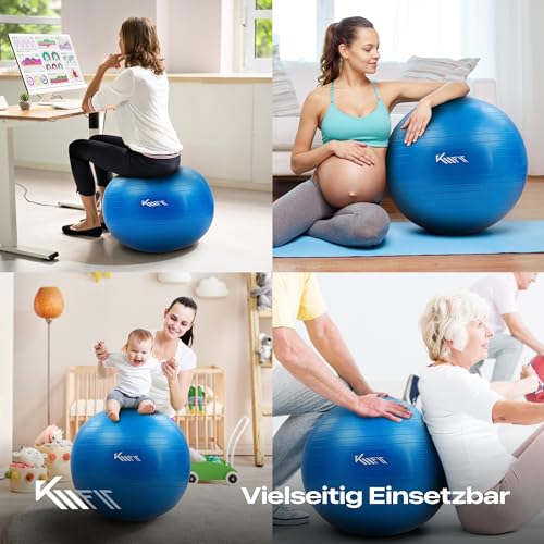 KM-Fit Gymnastikball 65cm | Trainingsball mit Luft-Pumpe | Sitzball Büro Anti-Burst | Ball für Fitness, Yoga, Gymnastik, Core Training | Pezziball Yogaball BPA-Frei | Blau