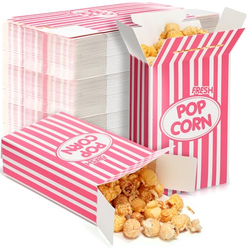 Image of Xinnun 200 Pcs Paper Popcorn Boxes 1oz Oil-proof Disposable Striped Popcorn Boxes Container Leak Proof Paper Holders for Movie Night, Party, Birthday, Wedding (Pink)