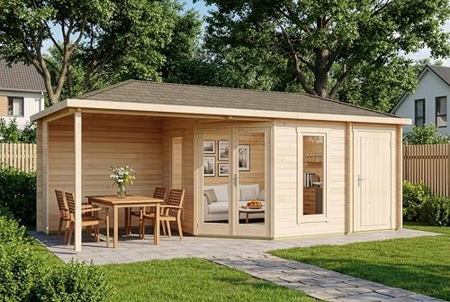 Alpholz 5-Eck Gartenhaus Liwa mit Anbau aus Holz in Naturbelassen mit 28mm Wandstärke und Überdachter Terrasse