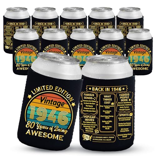80th Birthday Can Cooler Sleeves Pack of 12-1946 Sign -80th Anniversary Decorations - Dirty 80th Birthday Party Supplies - Black and Gold Eightieth Birthday Cup Coolers