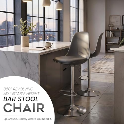 Image of DIYA Seating Solutions 360 Revolving Adjustable Height Bar Stool Chair with Chrome Metal Base | 1 Year Warranty | Leatherette Upholstery | Durable Stool for Kitchen, Office, Cafe- Grey (Pack of 2)