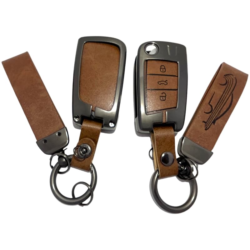 Image of Zinc Metal Alloy Leather Car Key Cover & Case Brown with Keychain & Holder Compatible for VW Taiguan, Virtus, Tiguan, T-ROC, Jetta (3 Button Flip Key New)