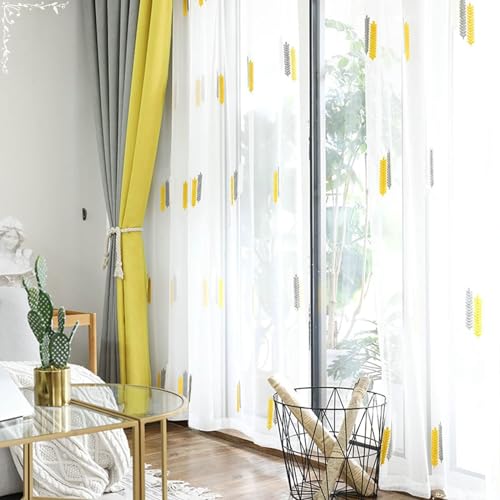 Daesar Lot de 2 Rideaux Gris Jaune, Rideau Fenêtre Semi Transparent à Oeillets Motif Broderie de Blé Rideaux Décoration de Maison Chambre Cuisine, Gris...