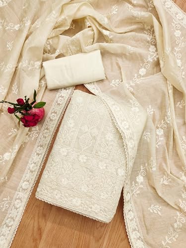 Image of Pandadi Saree Women's Elegant Lucknowi Work with Modal Cotton Chanderi and Embroidered Dupatta Unstitched Dress Material