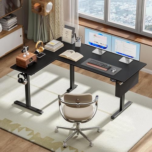 Image of Korfile L Shaped Electric Standing Desk,63 Inch Adjustable Height Sit to Stand Corner Desk with Memory Presets, Reversible Computer Table for Home Office, Work and Study, Black