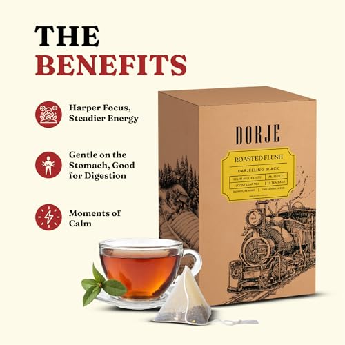 Image of Dorje Teas Roasted Flush Darjeeling Black Tea | 15 Pyramid Teabags (Pack of 1) | Selim Hill Estate | Rich & Bold Roasted Flavour | 100% Single Estate Whole Leaf | No Dust or Fannings | 15 Cups