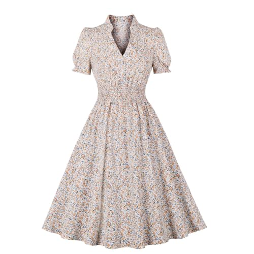 Wellwits Damenkleid mit Kragen, V-Ausschnitt, Knopfleiste, hohe Taille, Vintage-Kleid, Blumig in Aprikose, 42/44