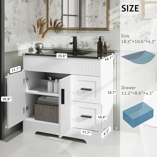 Image of eclife 36 inch Bathroom Vanities Sink Combo with Painted Surface, Modern Drawered Cabinet W /Decorative Wave Lines, Undermount Black White Sink, Matte Black Faucet Drain, White