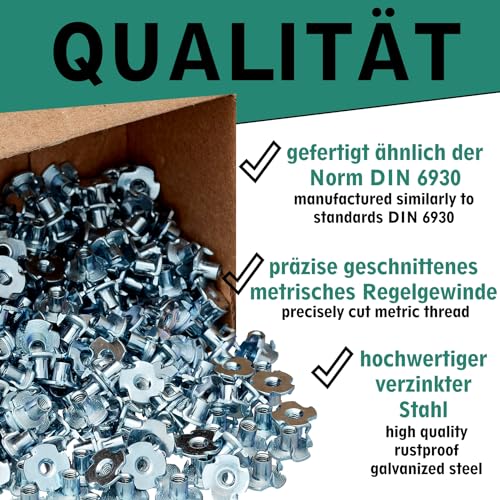 Einschlagmuttern mit 4 Einschlagspitzen verzinkter Stahl wahlweise in M4 M5 M6 M8 M10 (50 Stück, M5 x 8 mm)