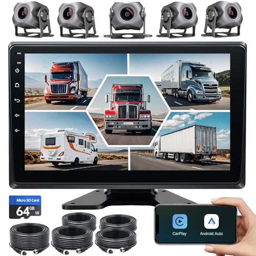 5-Channel 1080P Backup Camera Dash Cam with 10.2'' Monitor,DVR Recording Back Up Camera for RV/Truck/Van/Trailer/SUV Cars, Android.11 Car Raido with Wireless CarPlay/Android Auto/BT/FM/WiFi