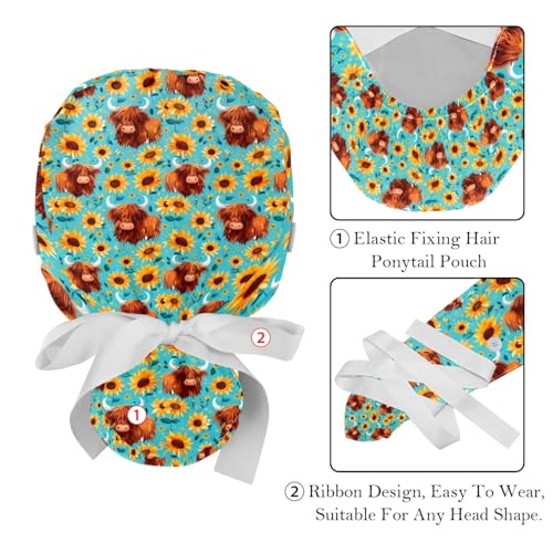 Image of 2 PCS Bouffant Cap with Button Ponytail Pouch Working Cap Sweatband Adjustable Surgical Cap Black and White Cow