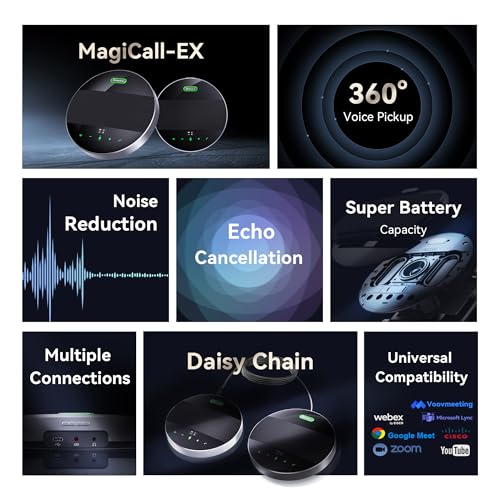 Image of Tenveo MagiCall-EX Bluetooth Conference Speakerphone, Daisy Chain /Use Alone up to 30 attendees, Bluetooth /Wireless /USB Microphone, 360Voice Pickup Noise Cancelling for Conference Call Large Meeting
