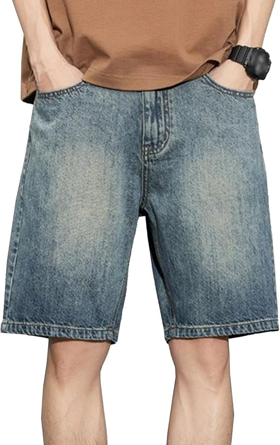 Mens Summer Straight Leg Denim Shorts Relaxed Fit Washed Jean Shorts Classic Casual Work Short