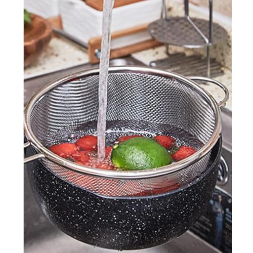 BATHVEVE Cestello Scolapasta in Acciaio Inox 194 CM Doppio Manico Colino per Lavare Riso e Frutta Filtro per Cucina Fori Piccoli per Scolare Verdure e Pasta Rapidamente