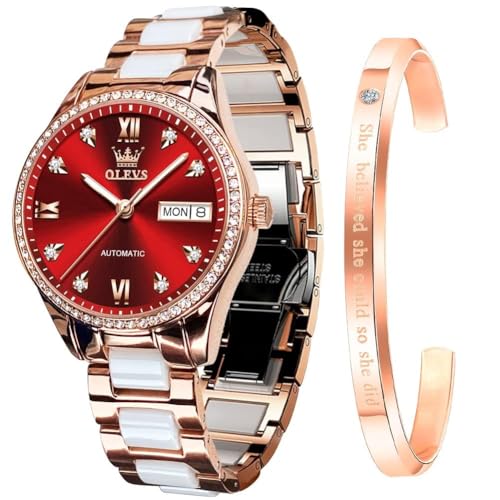 OLEVS Watch for Women Automatic Self Winding Mechanical Ladies Wrist Watch Big face Two Tone Stainless Steel Diamond Fashion Luxury Ceramic Luminous Waterproof