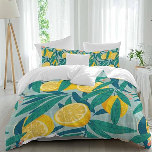 3 Piece Bedding Duvet Cover Set Full Size, Yellow Lemon