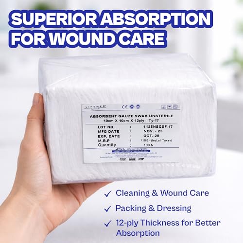 Image of LIFEMED Non-Sterile Gauze Swabs 10 x 10 cm, 12 Ply Cotton Medical Gauze Pads for Wound Dressing & First Aid (Pack of 100)