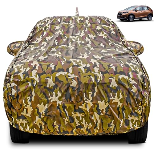 Image of FABTEC Car Body Cover for Honda WRV Jungle Print with Soft Cotton Lining Waterproof Car Cover UV & Rain Protection with Mirror and Antenna Pocket Bottom Elastic (Military /Camouflage Pattern)