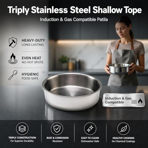 Image of JAGGERY Triply Stainless Steel Shallow Tope 2.5 Litre (22 cm) | Induction & Gas Compatible Patila | Fry Pan | Heavy Duty Stainless Steel Cookware