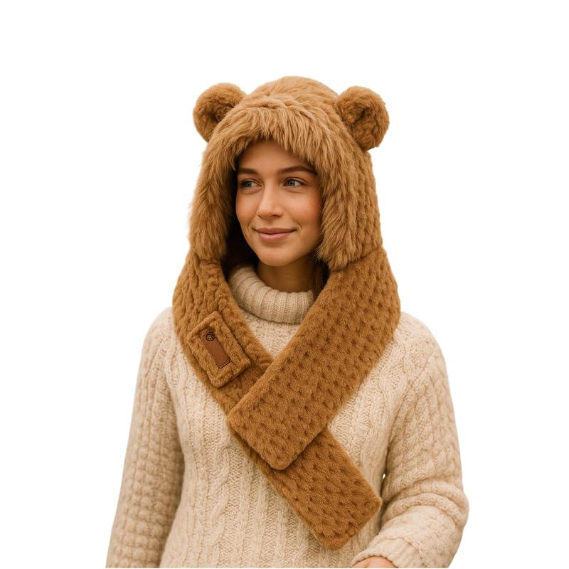 Adorable Fox Ear Scarf Hat | Women’s Brown Woolen Cap Scarf Set | 2-in-1 Plush Beanie with Ears | Cozy Winter Gift for Women
