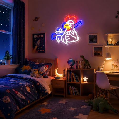 Image of White&Blue Neon Sign Led Neon Lights Signs for Wall Decor USB Powered Led Signs for Room Decoration-Fighting Chicken
