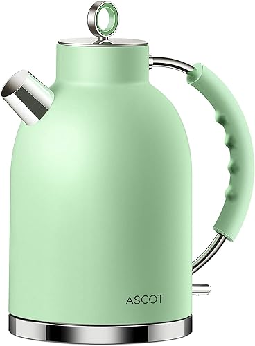 ASCOT Hervidor eléctrico, hervidor de té eléctrico, hervidor de agua caliente, hervidor de acero inoxidable, 1.5 L, 1500 W, calentador de té retro y