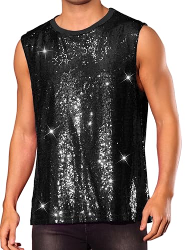 Lars Amadeus Sequin Tank Top for Men's Shiny Glitter Sleeveless Tee Party Disco Metallic Vest