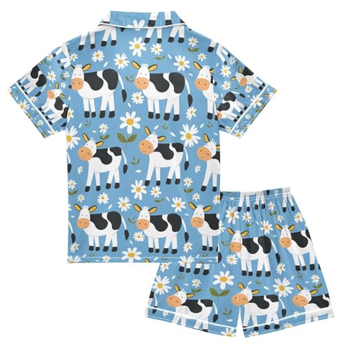 senya Cow with Flower A Satin Summer Pajama Sets Silk Short Sleeve Button Down Sleepwear2
