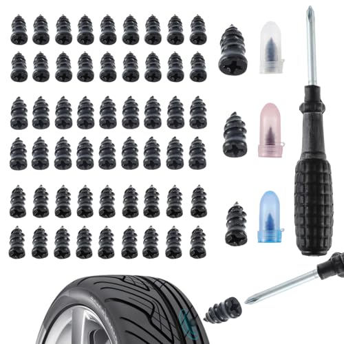 HUAREW 60 Piezas Clavo de Goma para Neumáticos, Repara Pinchazos Coche, Clavos de Reparación de Neumáticos al Vacío con Destornillador, para Automóvil Motocicleta Camión Tractor Bicicleta