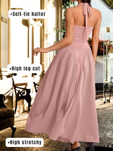 Image of ChiaoLezhee Deep V Neck Dress, Halter Maxi Dresses, Vacation Date Night, Sexy for Women Corset Flowy Wedding Guest Drop Waist