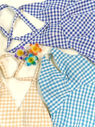 Image of Women's Gingham Halter Neck Peplum Top, Sleeveless, Casual Summer Blouse
