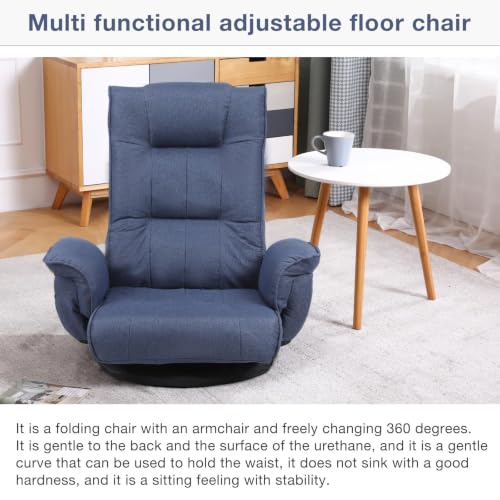 Image of Ergonomic Swivel Floor Gaming Chair with Armrests & Side Pockets, 6-Position Reclining Sofa Bed, Foldable Padded Lounger with Thick Cushion & Lumbar Support for Esports, Reading, TV Watching, Blue