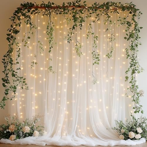 Patioman 10x8ft White Tulle Backdrop Curtain with Lights, Wrinkle-Free Sheer Wedding Backdrop for Birthday Parties, Baby Showers, Bridal Showers, Photo Shoots and Home Decorations, White