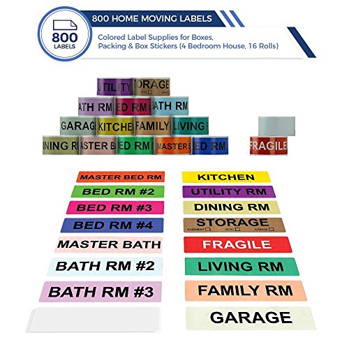 enKo - Home Moving Packing Labels Stickers for Box - Color Coded for Boxes, Packing Box Fragile Stickers (16 Roll, 800 Labels, 4 Bedroom House)