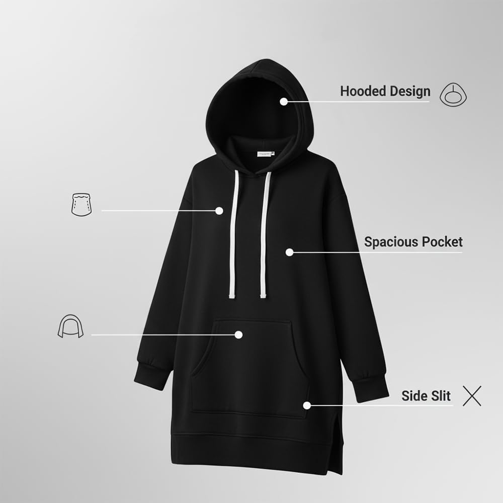 Oversized Hoodie Dress for Women Long Sleeve Pullover Split Hem Hooded Sweatshirt with Pocket Casual Fall Winter Outfit