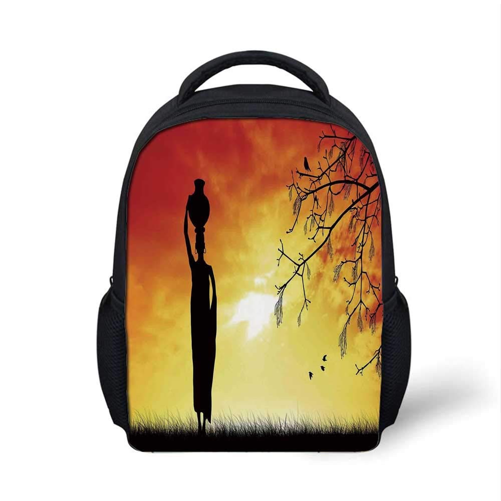 Kids School Backpack Afro Decor Stylish,Silhouette of Local Lady with Pot on The Head at Sunset Safari Illustration for School Travel,9.4"L x 3.5"W x 12.2"H