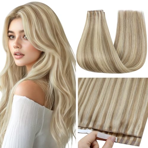 Image of Full Shine Tape in Weft Hair Extensions, Desert Blonde Mix 18 Inch | 50g 1 Piece, Invisible Genius Weft Hair Extensions Human Hair, Double Sided Wide Tape Design for Volume and Daily Styling