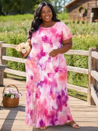 Image of PinkPatty Plus Size Dress for Women Casual Crew Neck Short Sleeve Maxi Dress Oversized Summer Beach Dresses with Pockets