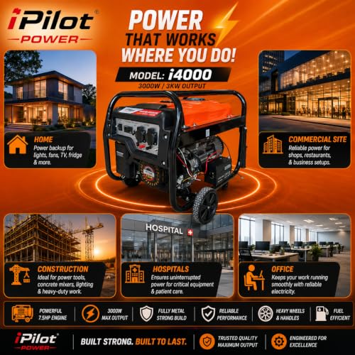 Image of iPilot POWER i4000-3000 WATTS POWERED SELF START GENRATOR|HOME & COMMERCIAL USE|3000WATTS OR 3KW|7.5HP HEAVY DUTY ENGINE|1 YEAR FULL WATTANTY