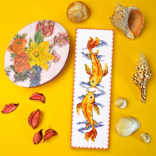 Image of Povitrulya Koi Carp - Counted Cross Stitch Bookmark Kit - Embroidery Set for Adults with Paper Pattern, 16-Count Aida Canvas and Presorted Floss - DIY Christmas, New Year's Gift