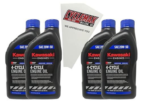 Cyclemax Four Pack compatible with Kawasaki SAE 20W50 4-Cycle K-Tech Lawnmower Engine Oil 99969-6298 Contains Four Quarts and a Funnel