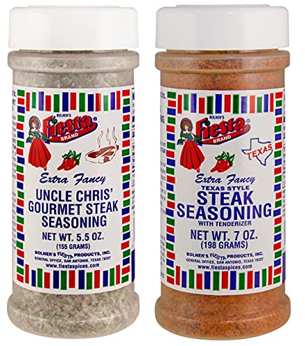 Bolner's Fiesta Brand Steak Seasoning Bundle - 1 Each of Uncle Chris' Steak Seasoning 5.5 Ounces and Texas Style Steak Seasoning 7 Ounces