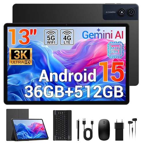 Tablet 13 Pollici, Display 3K FHD 2944x1840, 36GB+512GB/1TB, 2.2GHz Helio G99 Octa Core Gaming Tablets, Dual SIM 4G LTE+5G WiFi, Android 15, Widevine L1/11580mAh/4 Altoparlanti, Tastiera Mouse Inclusa