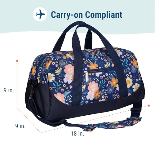 Image of Wildkin Kids Overnighter Duffel Bag - Carry-On Travel Bag for School & Sleepovers, Lightweight, Durable, Boys & Girls Ages 4-15 - Floral Bloom