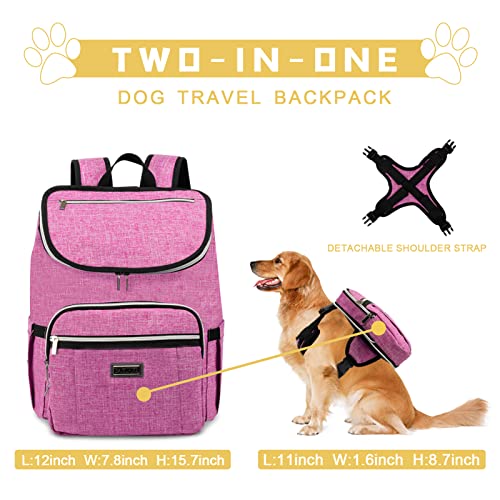 BAGLHER Travel Dog Backpack - Detachable Travel Dog Food Container for Pet Supplies Dog Gear Backpack,Dog Bag for Traveling with 2 Silicone Collapsible Bowls and 2 Food Baskets Pink