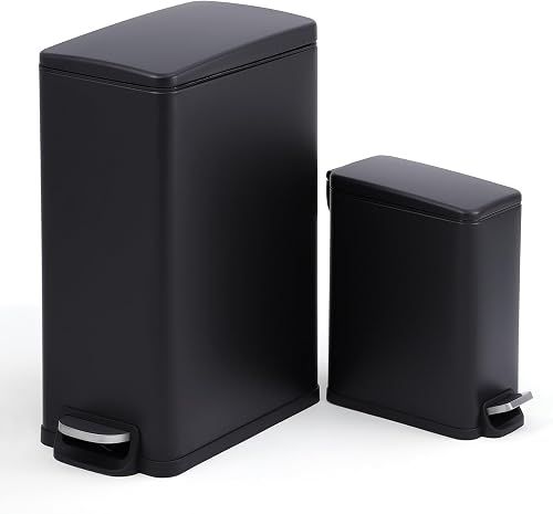 MOVECOM 12 Gal & 2.6 Gall Slim Stainless Steel Trash Can Combo Set – Step-On Ind