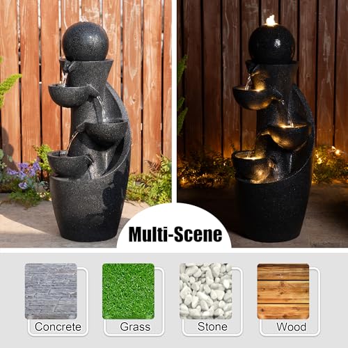Image of Glitzhome Outdoor Water Fountain with LED Light & Pump, Modern 5-Tier Bowl and Sphere Polyresin Outdoor Fountain, 33.5 inch Cascading Waterfall Fountain Water Feature for Porch Deck Patio Backyard Decor