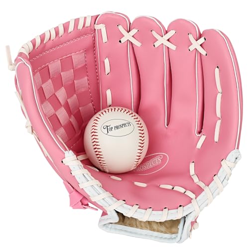 Top Prospects Premium Leather Baseball Glove with one Free Baseball - Ideal for Youth and Softball - Baseball Mitts (Pink, 12.5INCH)