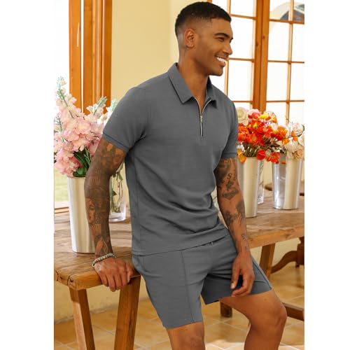 Mens 2 Piece Zip Tracksuit Short Sleeve Printed Polo Shirt and Shorts Pants Sets Summer Casual Outfits for Men3